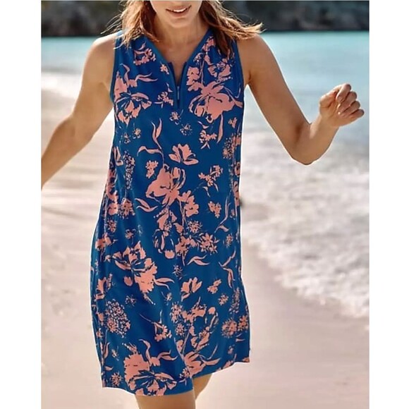 J.JILL  Sleeveless Active Dress Short Sz XS Blue Peach Floral 1/4 Zip Knit Beach - Picture 2 of 10